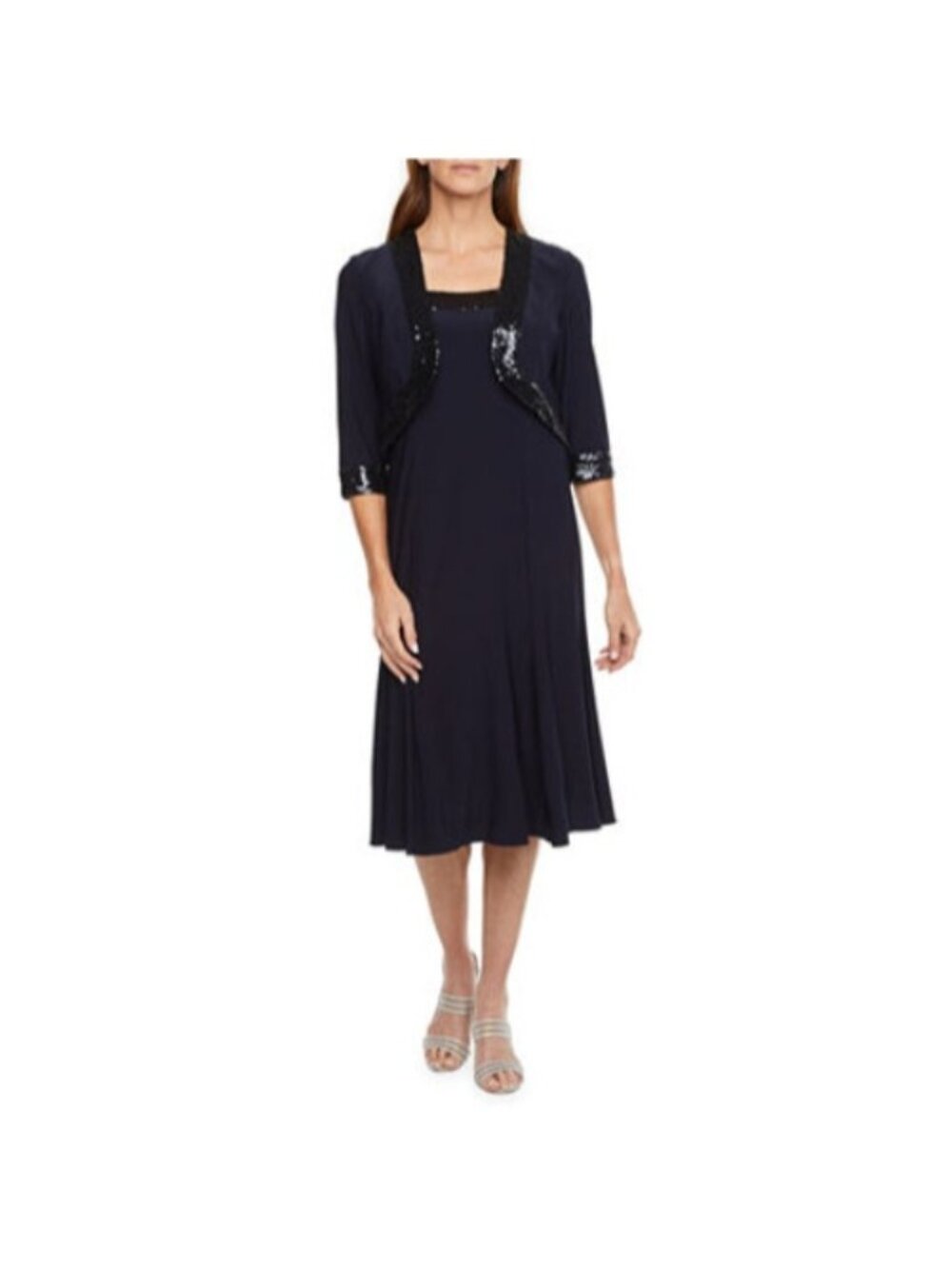 Maya Brooke Dress Navy Blue Sequin 3/4 Sleeve Jacket Formal Gown Wedding Party